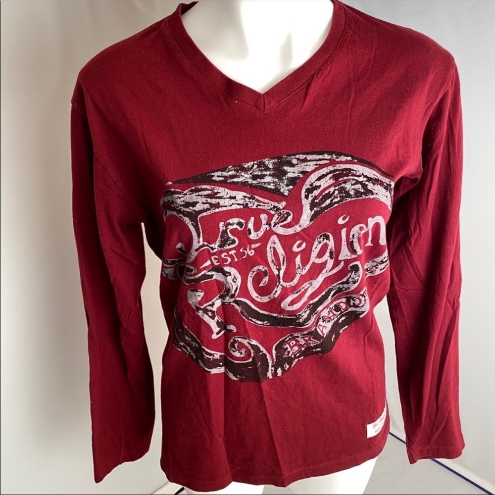 True Religion logo red black white long sleeve v-neck t-shirt
